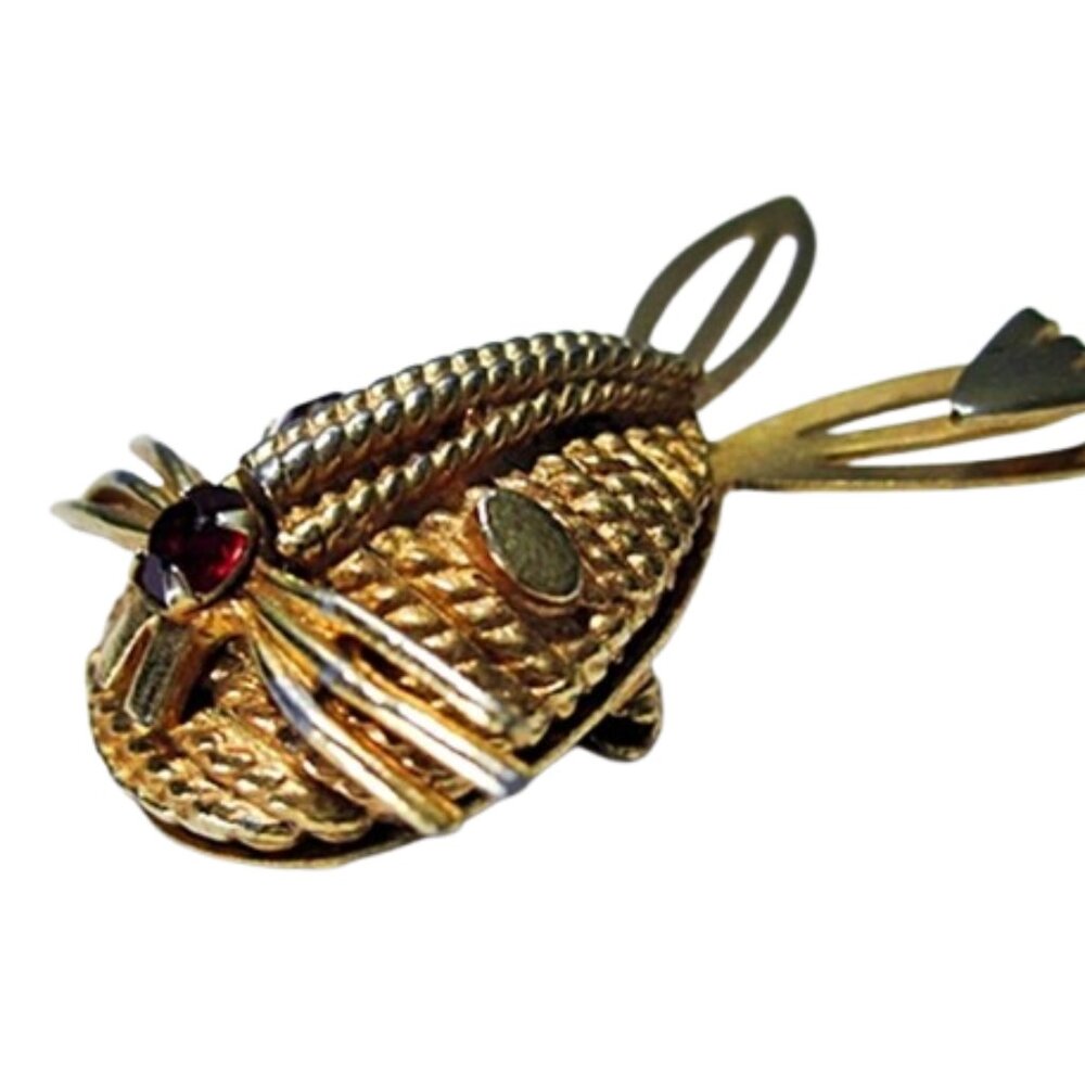 1960s Vintage Small Gold Tone Novelty Whimsical Rabbit Bunny Pin With Red Jewels - Picture 3 of 6